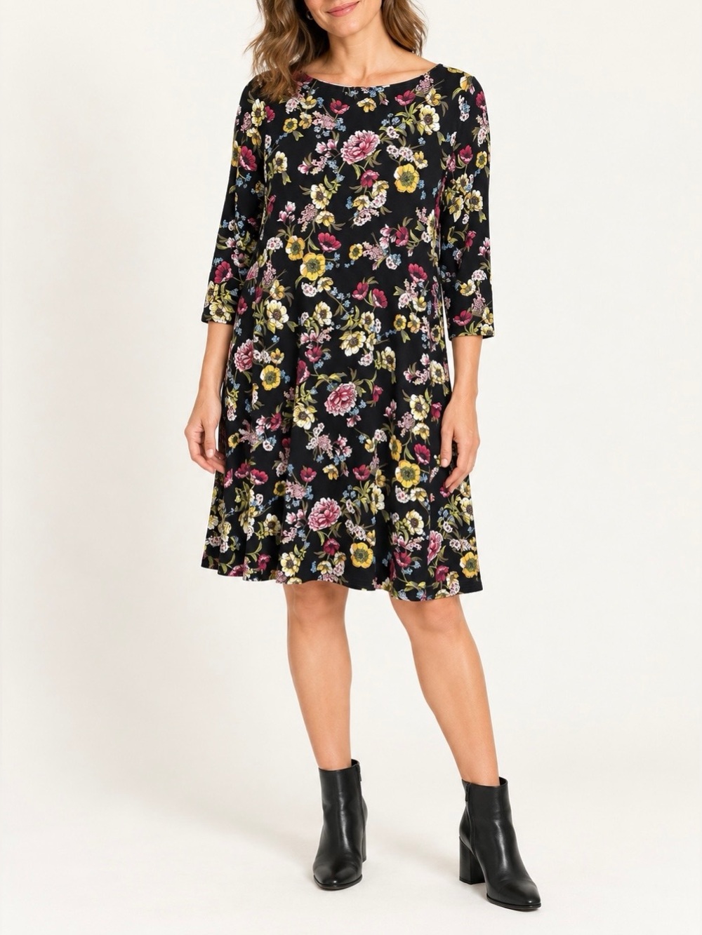 J.Jill Wearever Black Floral 3/4 Sleeve Swing Dress Size Medium